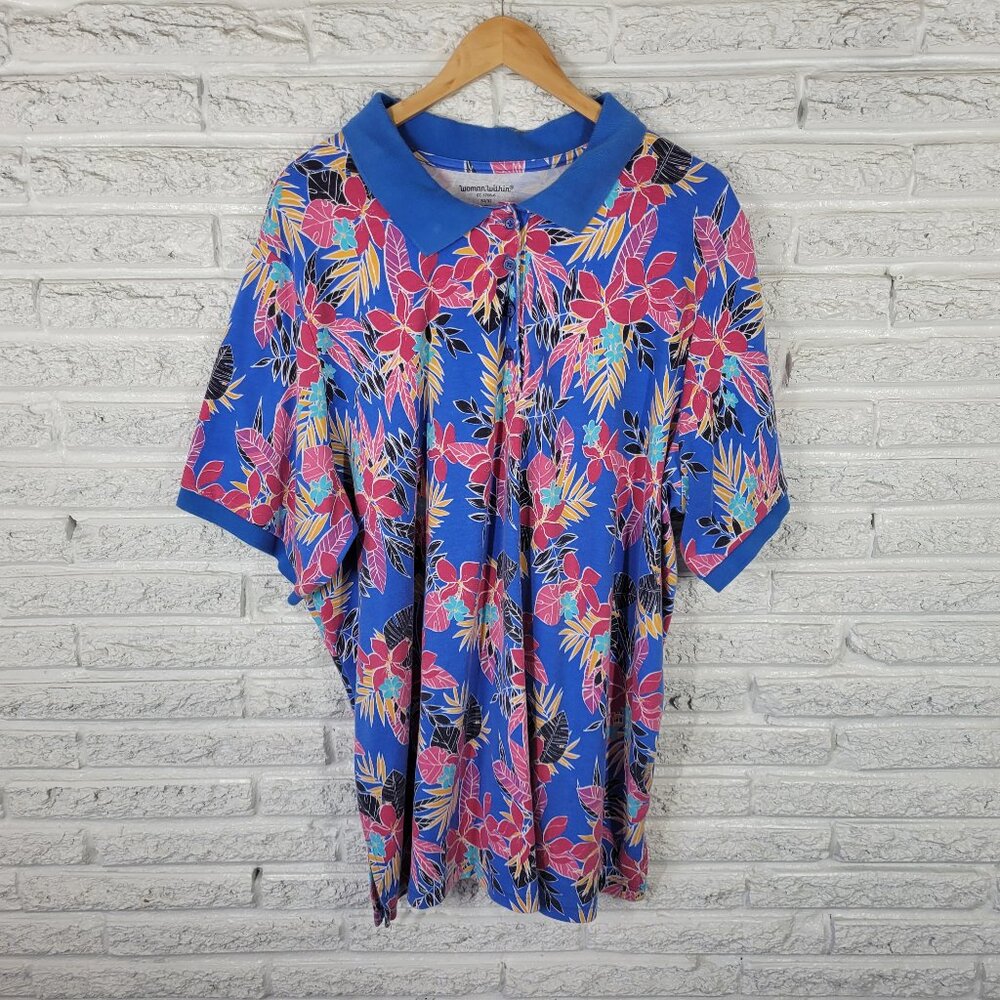 Woman Within 3X Women's Polo Shirt Blue Pink Floral Cotton Blend FLO297E